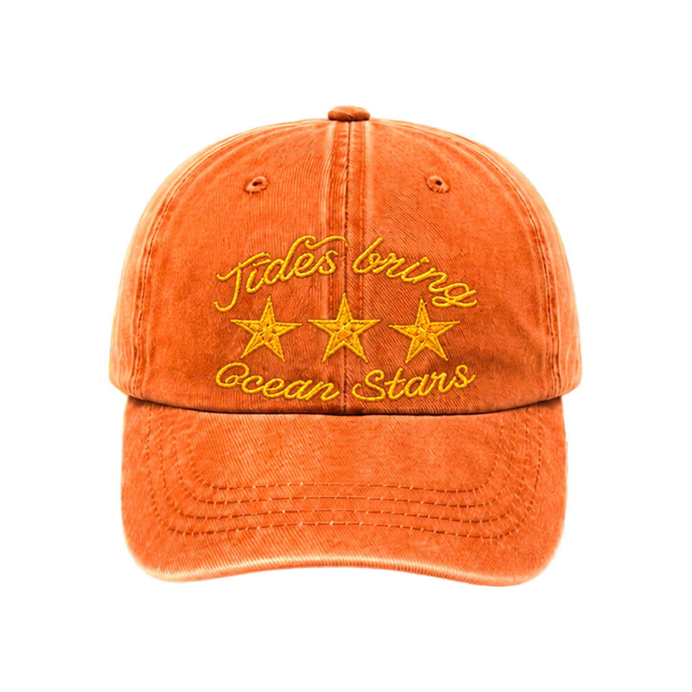 Burnt orange cap with Tides bring ocean stars in yellow script above three yellow starfish