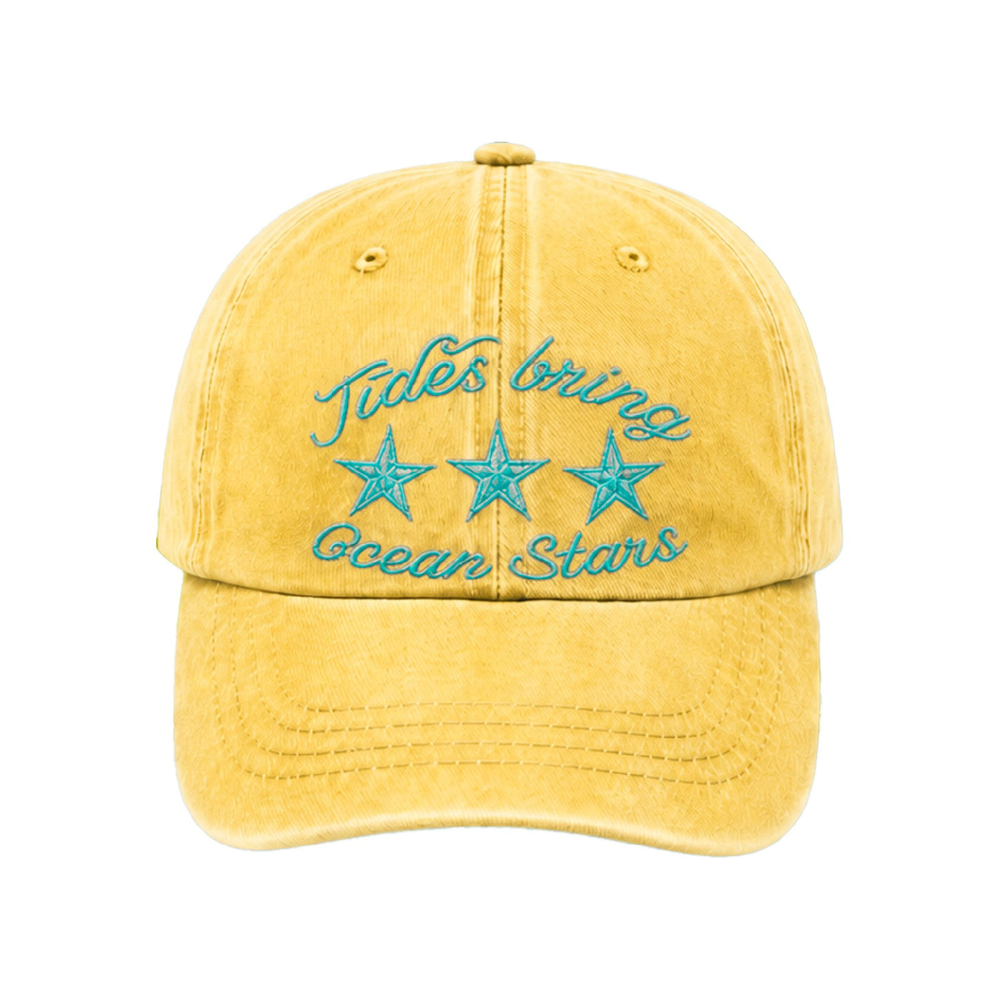 Butter yellow cap with Tides bring ocean stars in teal script above three teal starfish