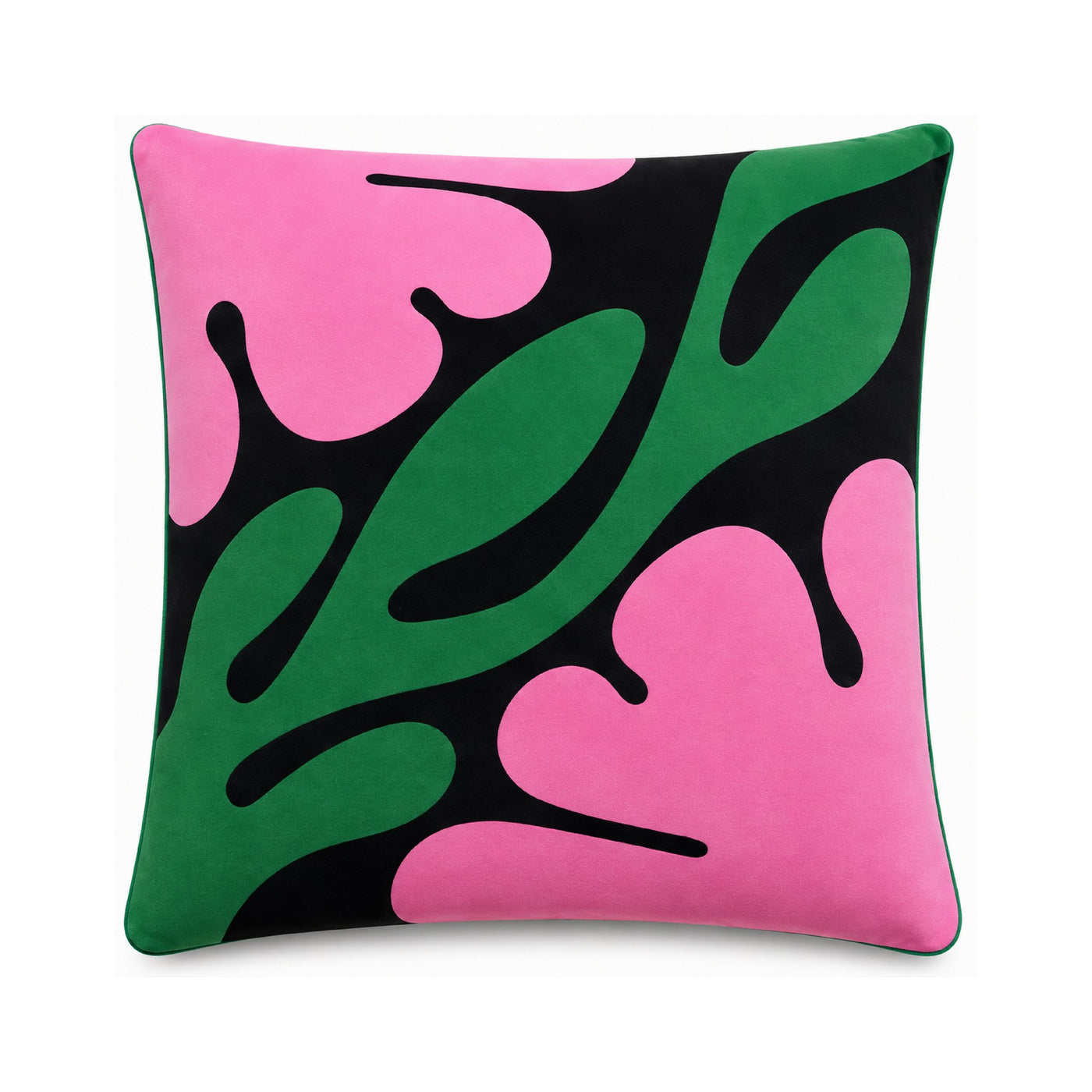 Macaron Leaf cushion, pink and green on black