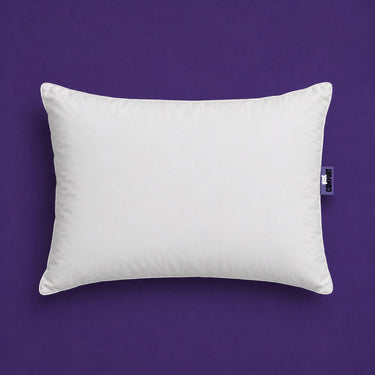 Floof Classic Pillow, a white piped pillow on a purple background