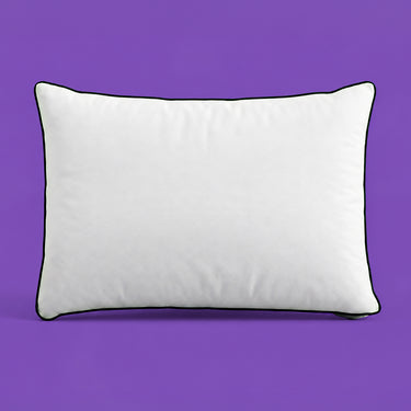 Floof Cloud Pillow, a white pillow edged in navy cord, on a purple background