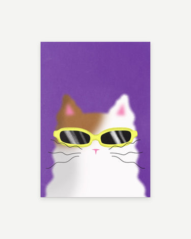 Cool Cat poster print: a calico cat in yellow sunglasses on a violet background