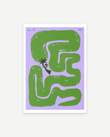 Felfela poster print in green: a green chilli pepper looping into a maze on lilac