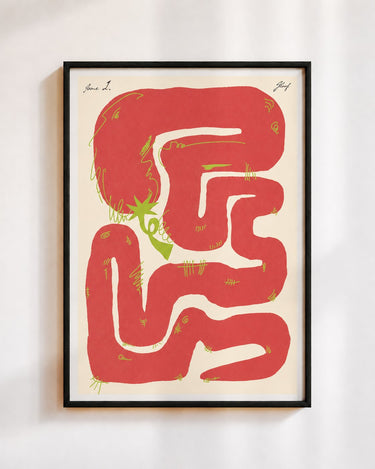 Felfela poster in red, in a black frame on a white wall: a red chilli pepper looping into a maze on cream
