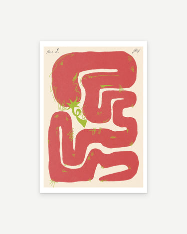 Felfela poster print in red: a red chilli pepper looping into a maze on cream