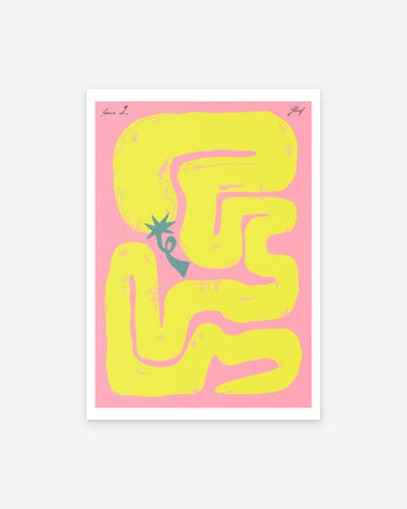 Felfela poster print in yellow: a yellow chilli pepper looping into a maze on pink