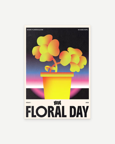 Floral Day poster print: two yellow and orange flowers in a yellow pot against a pink and blue sunset, above the words Floral Day