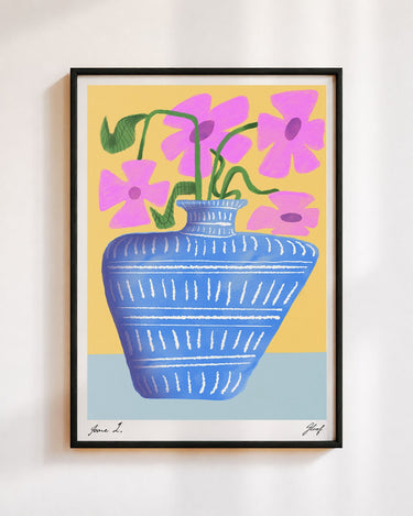 Flower Vase poster in blue, in a black frame on a white wall: pink flowers in a striped blue vase on a yellow background