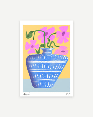 Flower Vase poster print in blue: pink flowers in a striped blue vase on a yellow background