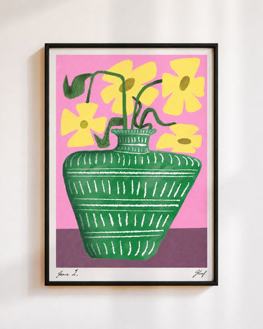 Flower Vase poster in green, in a black frame on a white wall: yellow flowers in a striped green vase on a pink background