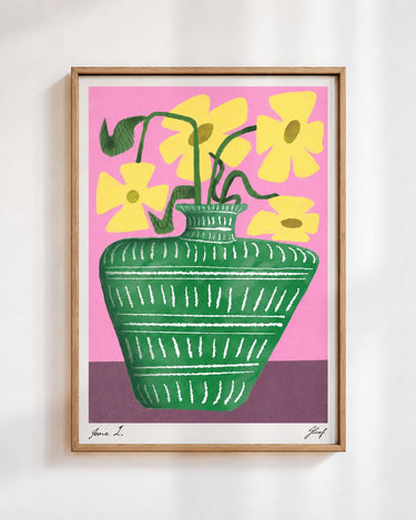 Flower Vase poster in green, in a wooden frame on a white wall: yellow flowers in a striped green vase on a pink background