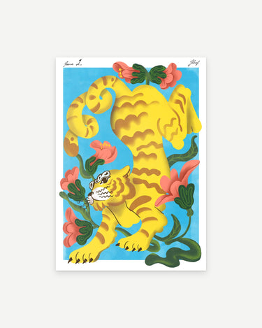 Garden Tiger poster print in blue: a yellow striped tiger among coral flowers on a sky blue background