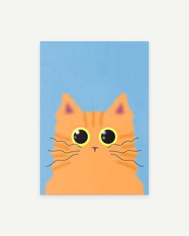 Ginger Cat poster print: a ginger tabby cat with big round eyes on a sky blue background