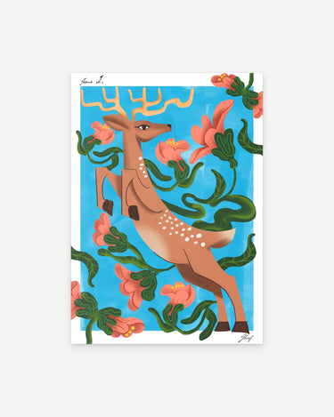 Leaping Deer poster print in blue: a spotted deer leaping through coral flowers and green vines on a sky blue background