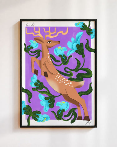 Leaping Deer poster in purple, in a black frame on a white wall: a spotted deer leaping through blue and coral flowers and green vines on a violet background
