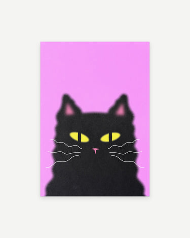 Midnight Cat poster print: a fluffy black cat with yellow eyes on a hot pink background