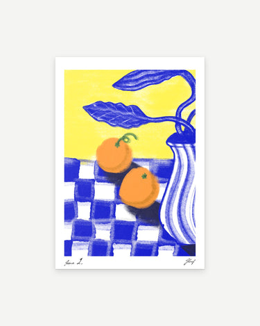 Two Oranges poster print: two oranges on a blue and white checked cloth beside a striped blue vase
