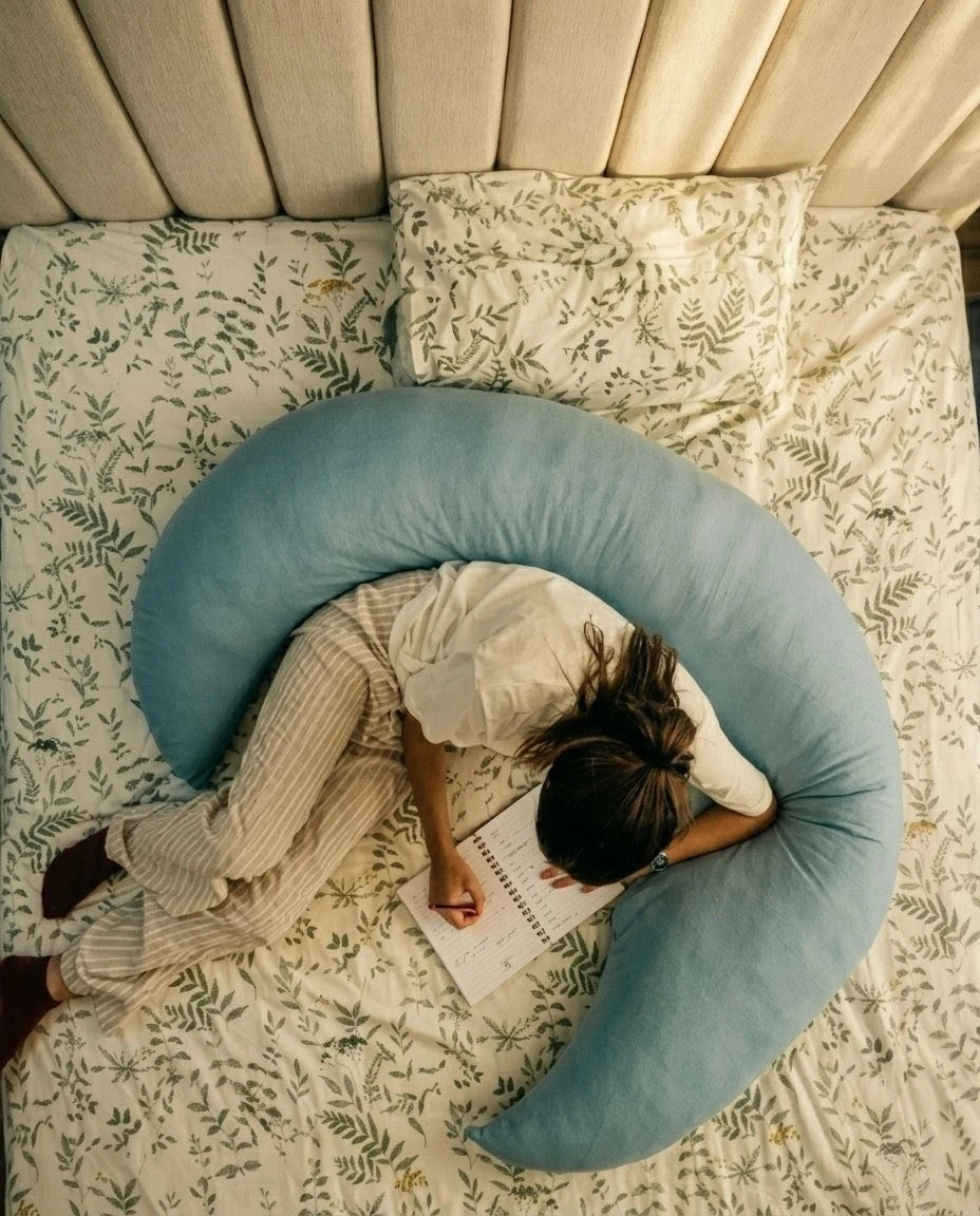 girl studyingon a large blue inflatable pillow on a bed with floral bedding