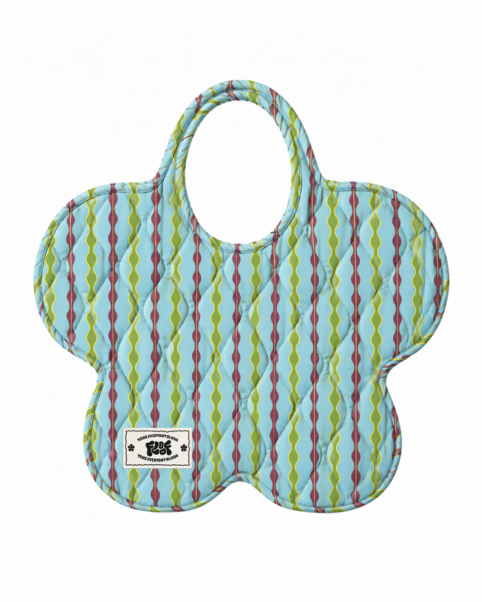 Vine Stripe Bag, a quilted flower-shaped tote in sky blue with wavy green and maroon stripes