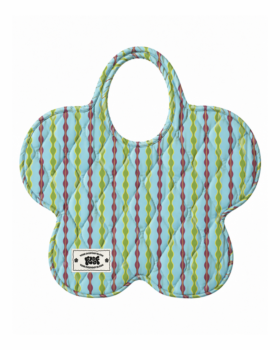 Vine Stripe Bag, a quilted flower-shaped tote in sky blue with wavy green and maroon stripes