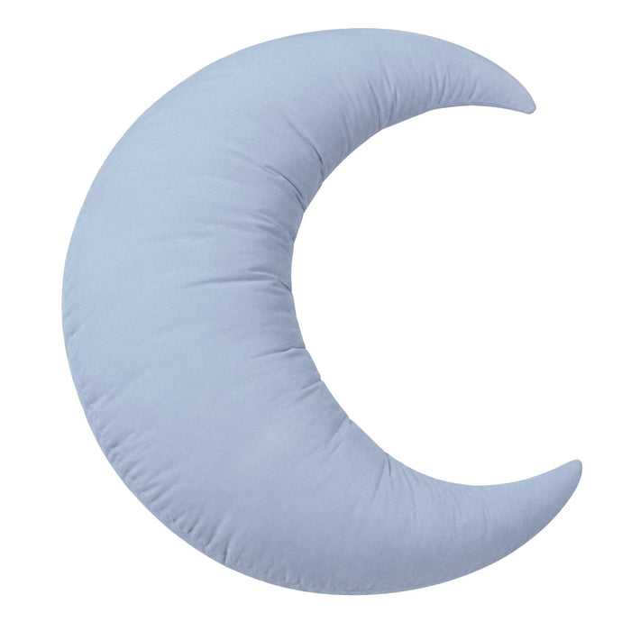 Floof Body Pillow in baby blue, a crescent moon shape, on white
