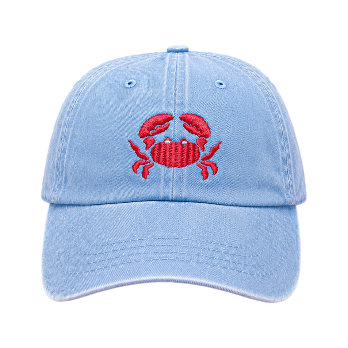 Powder blue cap with a red crab embroidered on the front