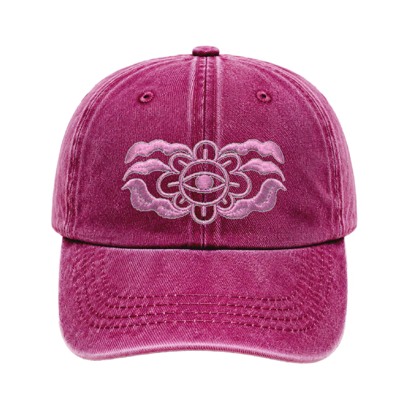 Deep magenta cap with a pale pink embroidered flower with an eye at its centre