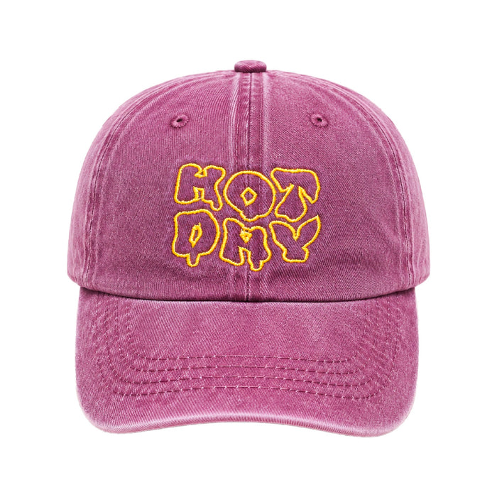 Dusty berry cap with HOT DRY embroidered in hollow yellow bubble letters