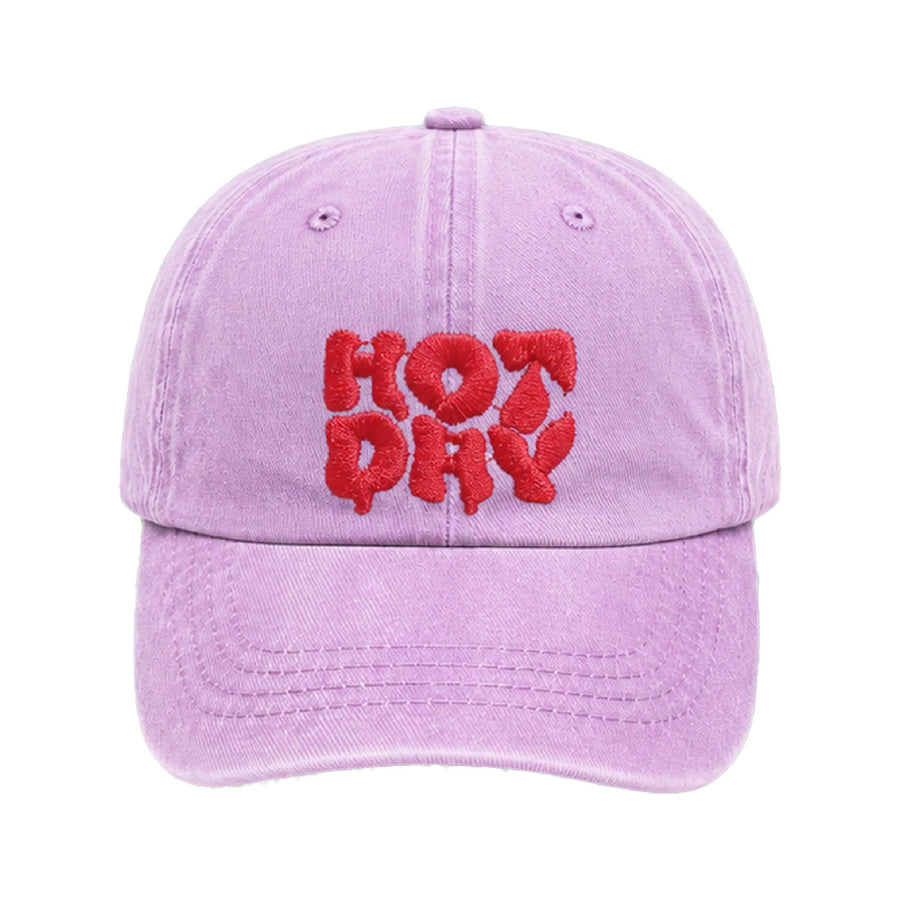 Lilac cap with HOT DRY embroidered in red bubble letters
