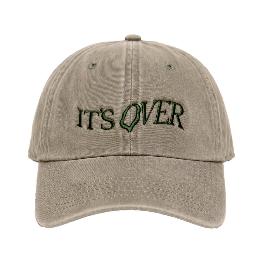 Khaki cap with IT'S OVER embroidered on the front in dark green outlined lettering
