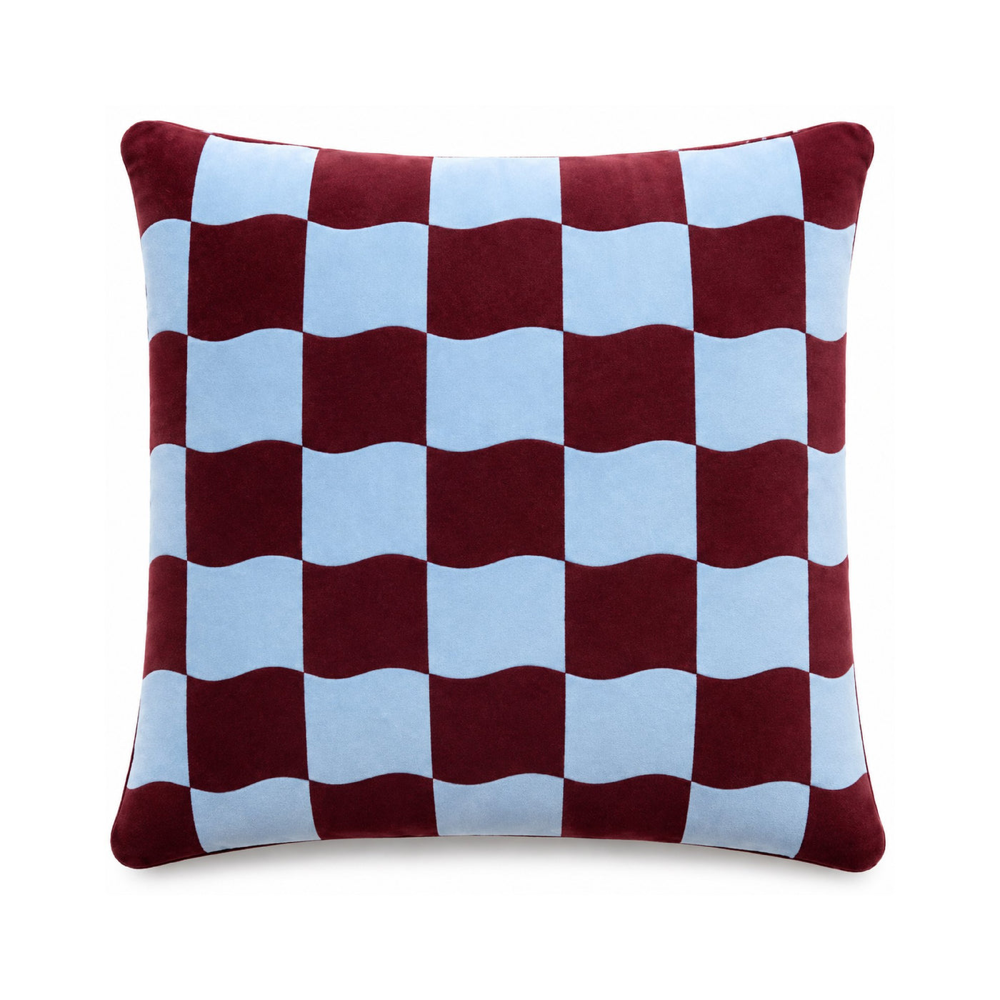 Brownie Check cushion in burgundy and sky blue