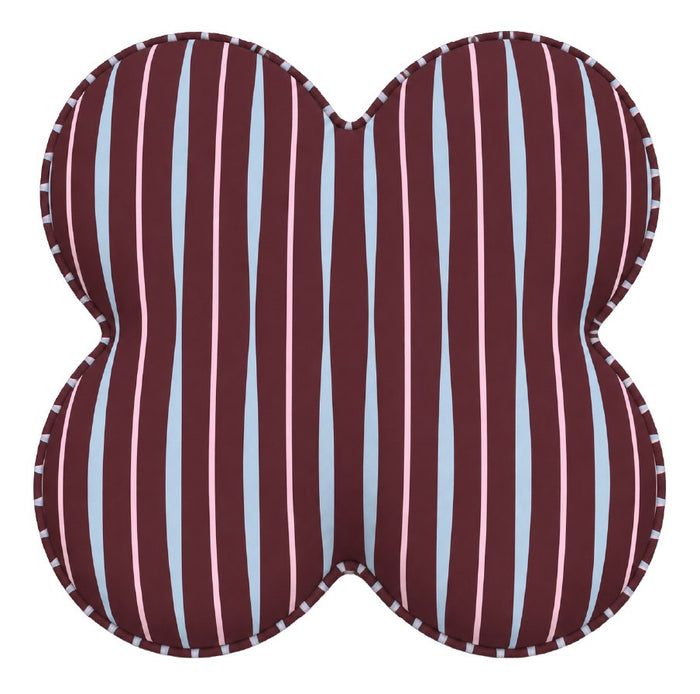 Brownie Cupcake cushion, a four petal shape in burgundy with pink and blue stripe