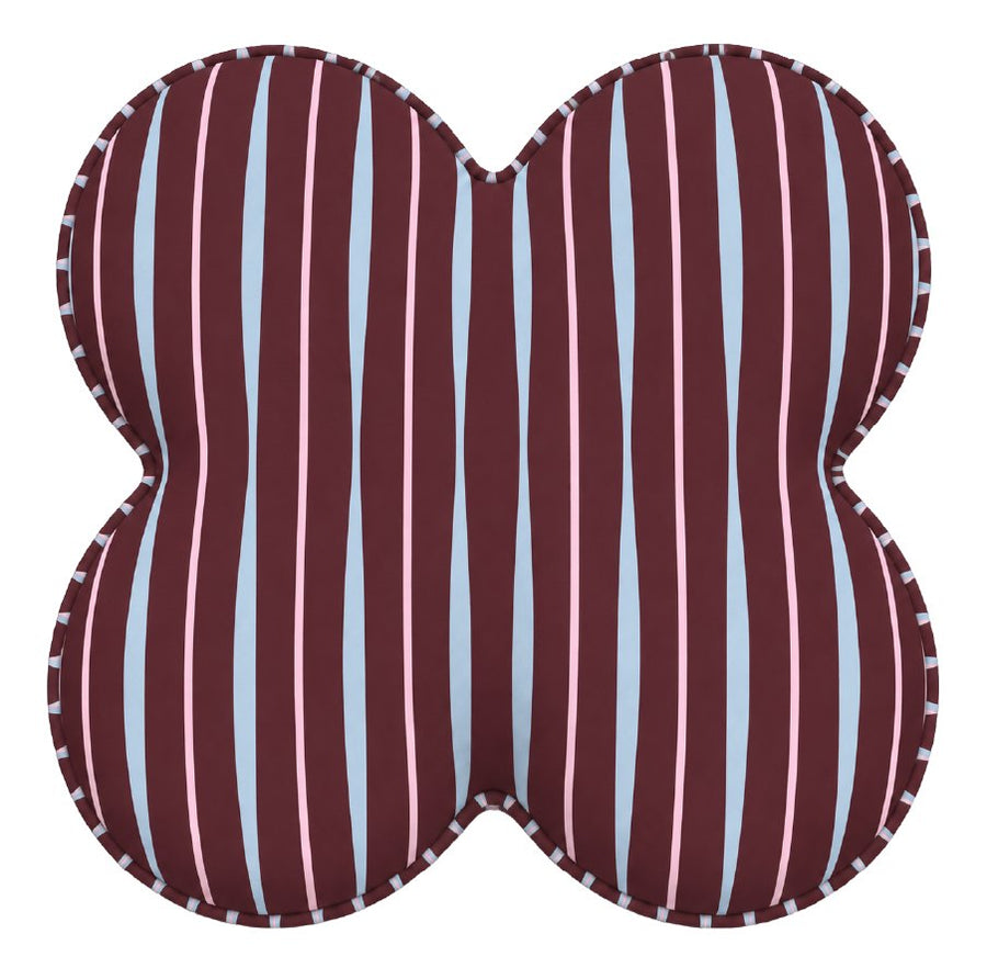 Brownie Cupcake cushion, a four petal shape in burgundy with pink and blue stripe