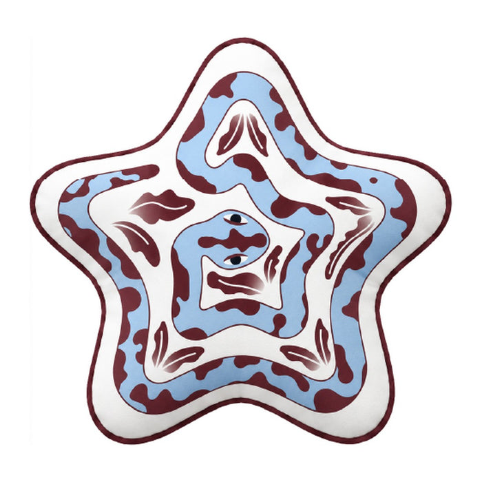 Brownie Star cushion, a five point star in burgundy and sky blue marbling