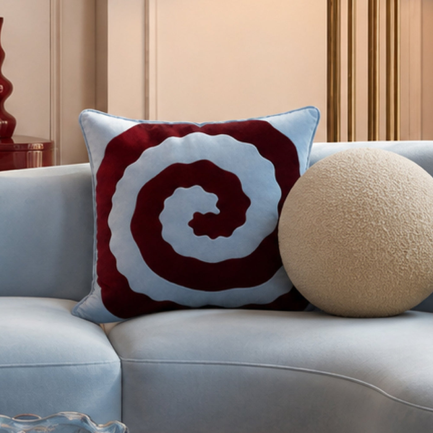 Brownie Swirl cushion on a sofa