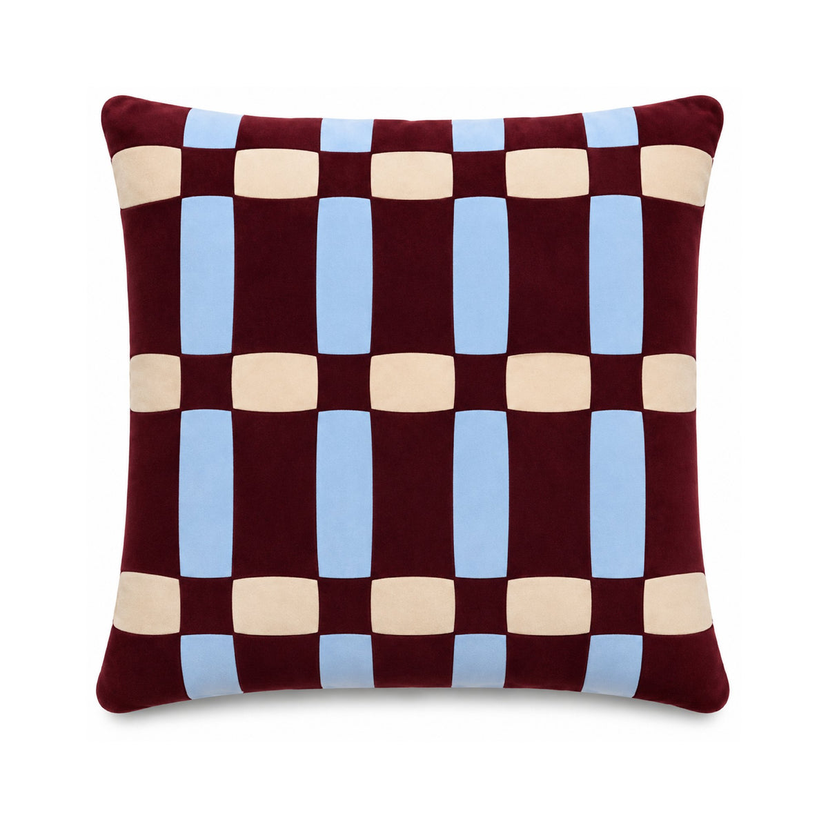 Brownie Tile cushion in burgundy, blue and cream