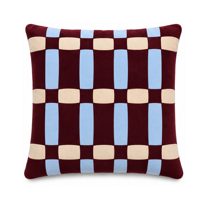 Brownie Tile cushion in burgundy, blue and cream