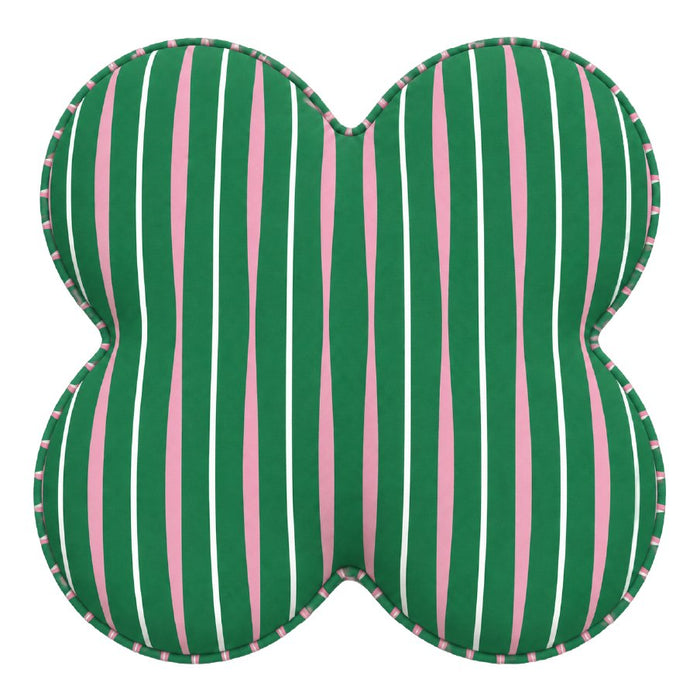 Macaron Cupcake cushion, a four petal shape in green with pink and white stripe