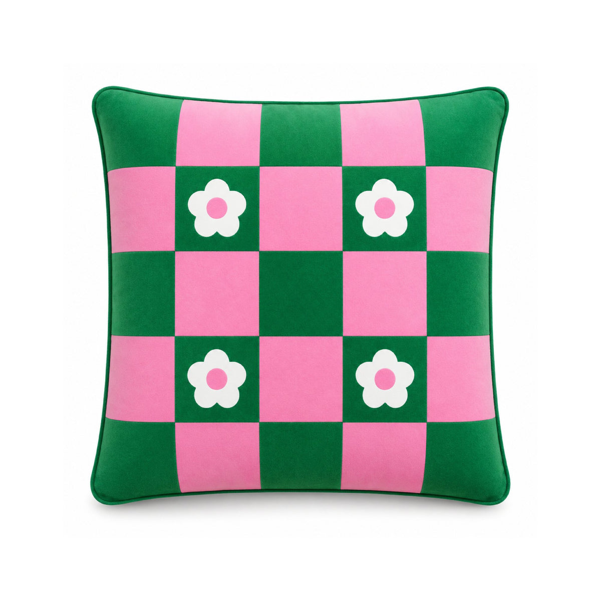 Macaron Daisy cushion, pink and green check with daisies