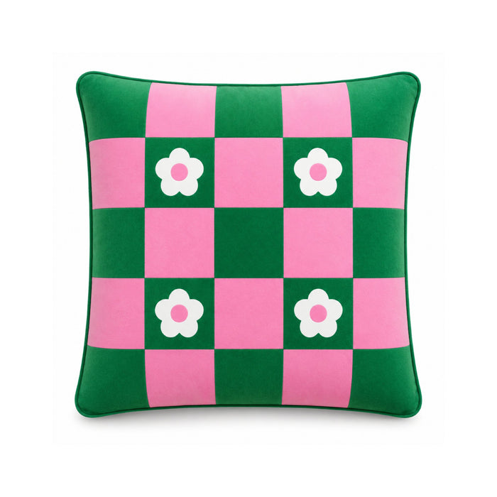 Macaron Daisy cushion, pink and green check with daisies