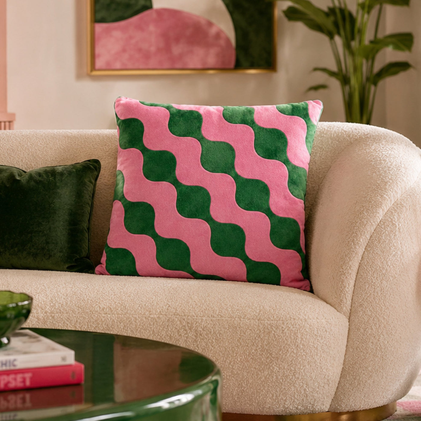 Macaron Wave cushion on a cream sofa