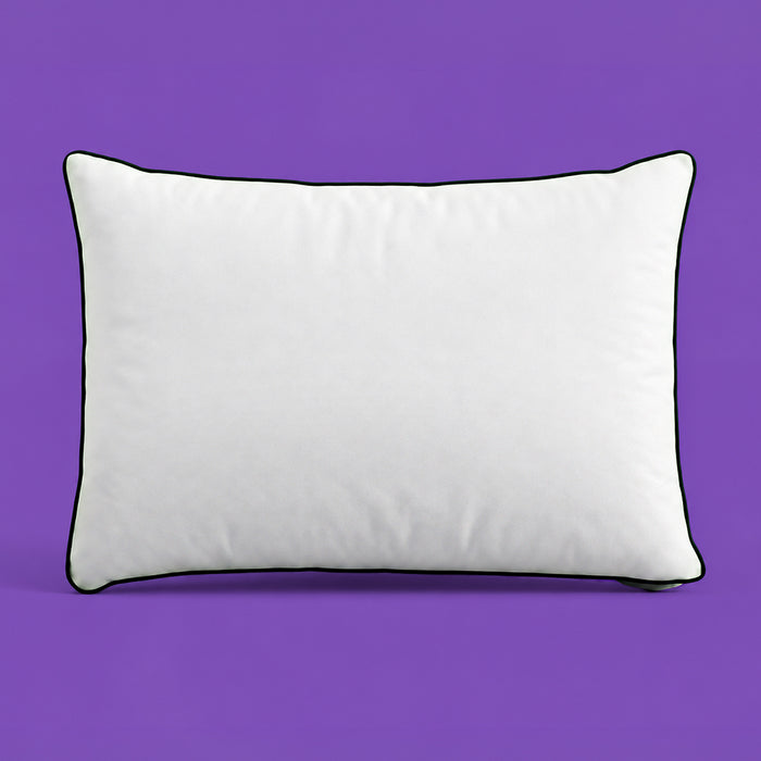 Floof Cloud Pillow, a white pillow edged in navy cord, on a purple background