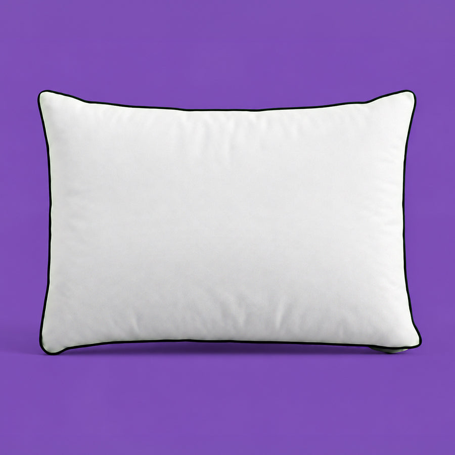 Floof Cloud Pillow, a white pillow edged in navy cord, on a purple background