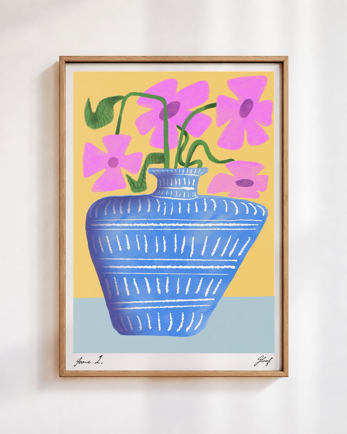 Flower Vase poster in blue, in a wooden frame on a white wall: pink flowers in a striped blue vase on a yellow background
