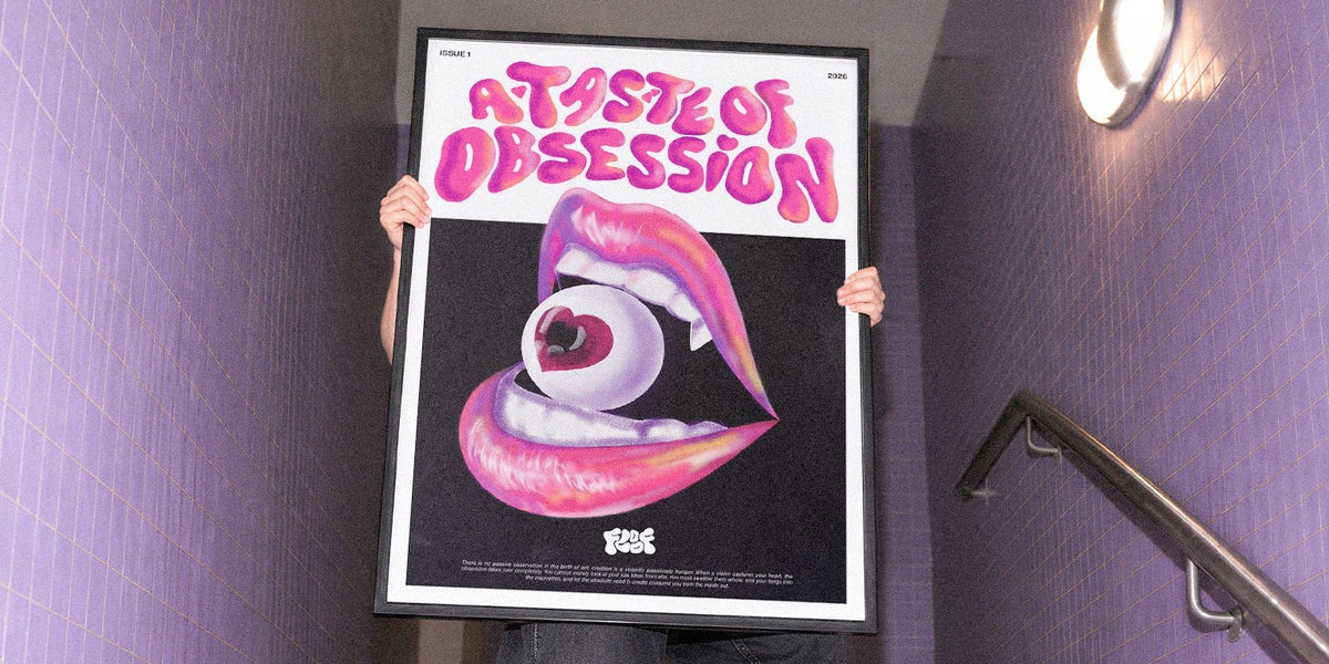 Someone carrying the framed A Taste of Obsession poster down a lilac stairway