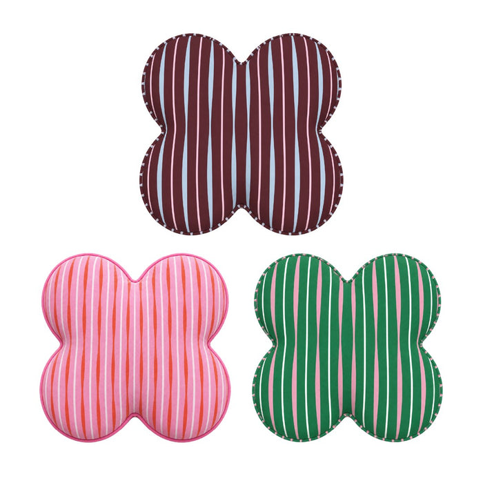 The three cupcake cushions, burgundy above pink and green