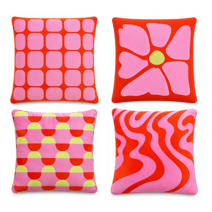 The four Pink Sorbet cushions arranged in a square