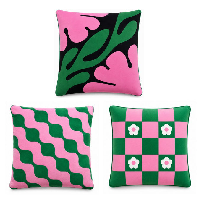 The three Rose Macarons cushions in green and pink